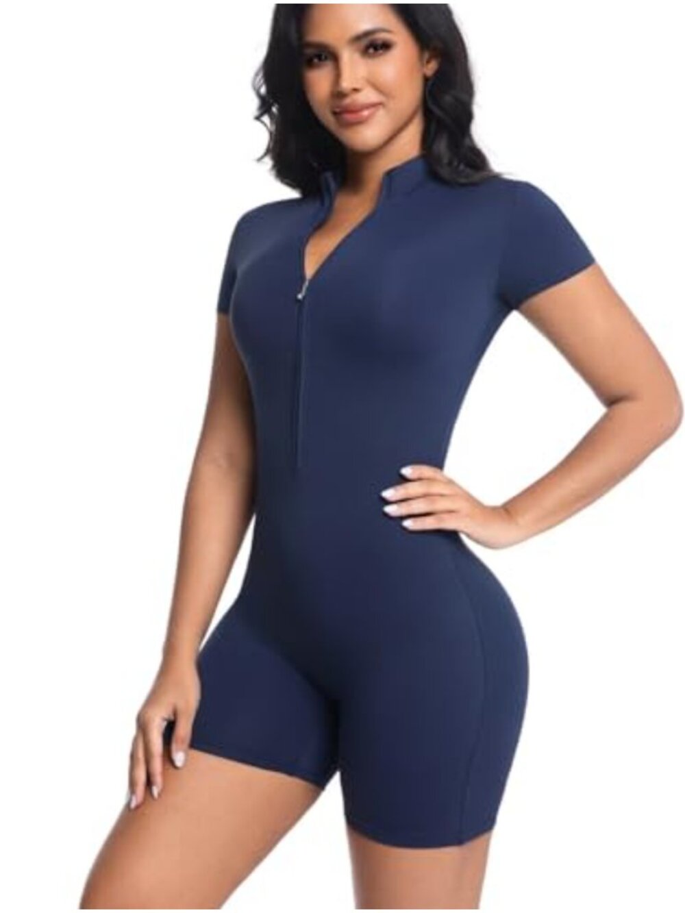 Women's Short Sleeve Zip Front Jumpsuit with Shorts One Piece Workout Romper